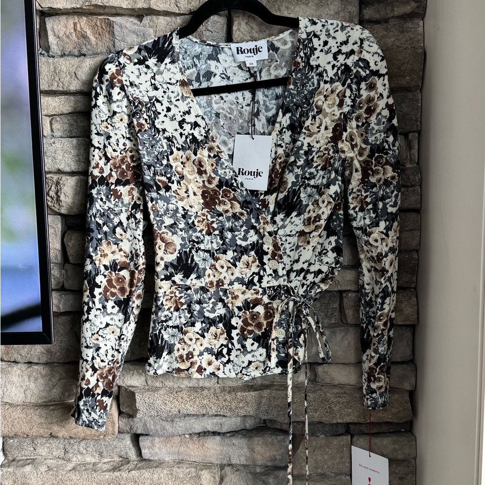 Rouje Floral Wrap Blouse in Cream, Brown & Black